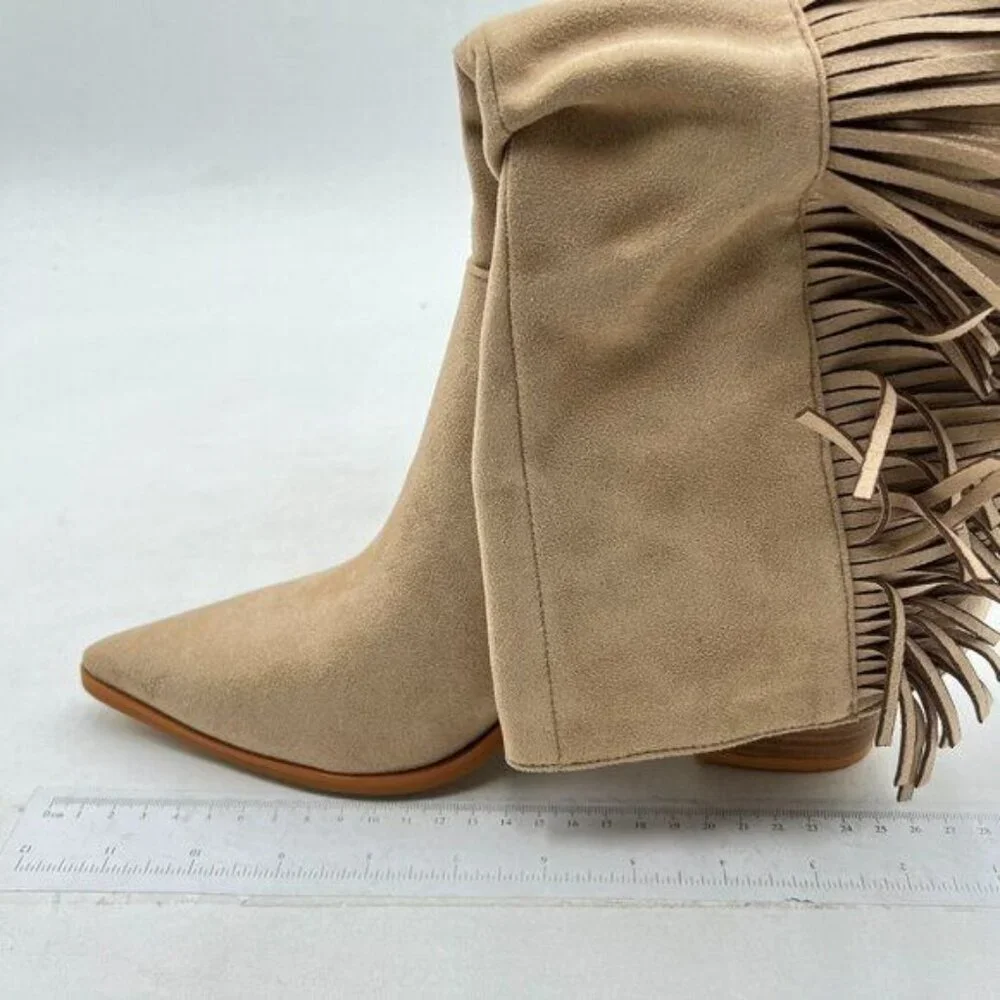Women Knee High Boots Tassel Suede Pointed Toe Chunky Heel Long Boot Tan
